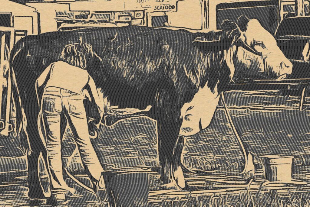 Person washing a cow at an outdoor fair, stylized as a woodcut illustration